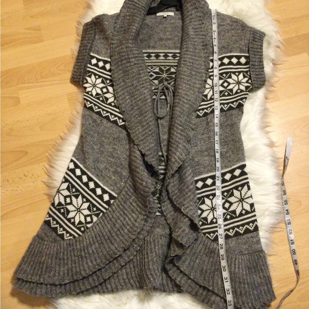 Mystree wool blend knit long cardigan sweater grey frill details tie f…